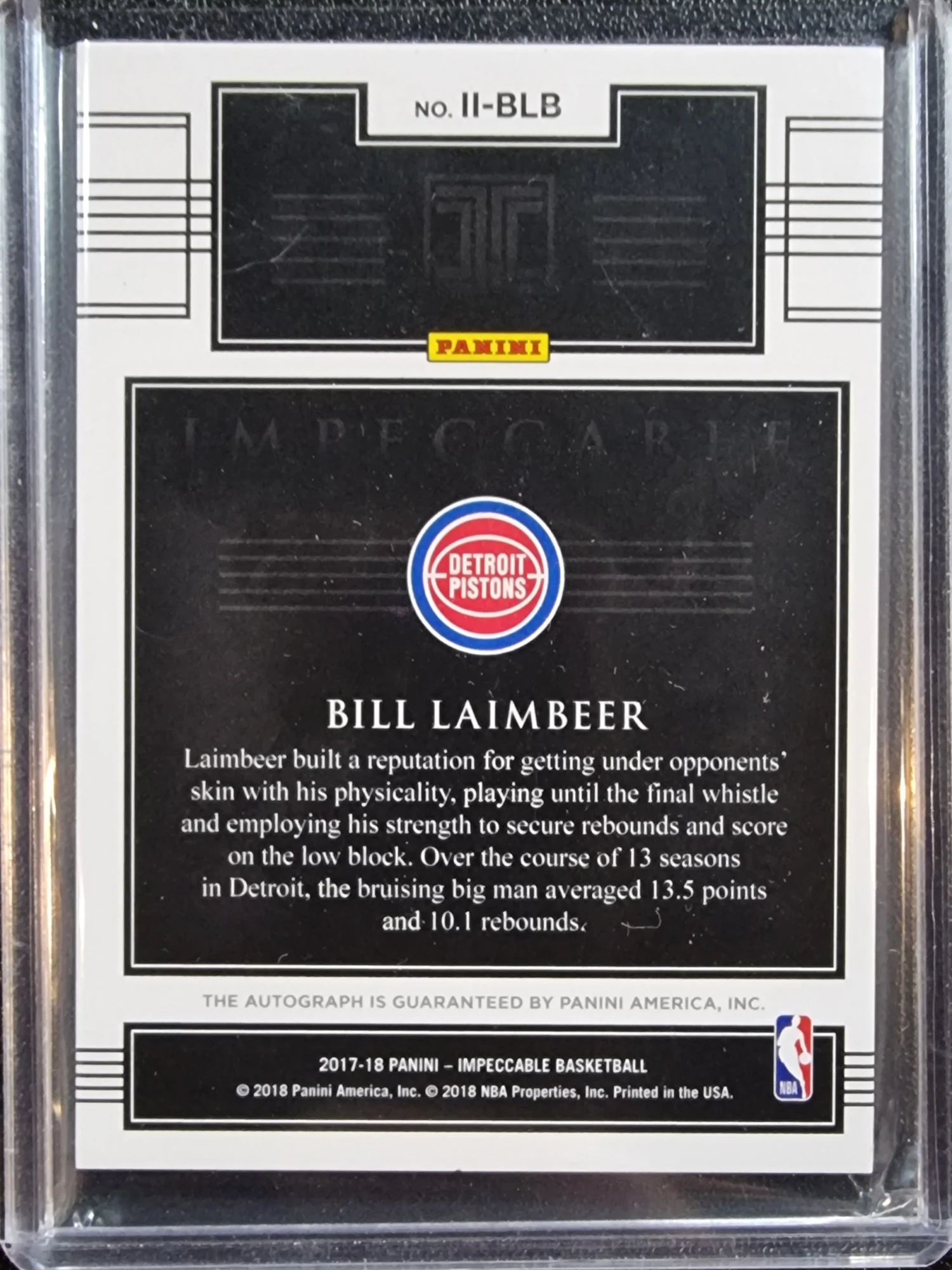 Bill Laimbeer #/99 - 2017-18 Panini Impeccable Indelible Ink Signatures #II-BLB 2 Bill Laimbeer #/99 - 2017-18 Panini Impeccable Indelible Ink Signatures #II-BLB - Image 2